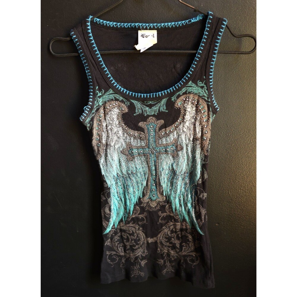 Vocal Y2K Style Black Embellished Cross Angel Wings Tank Top Cyber Grunge Bling